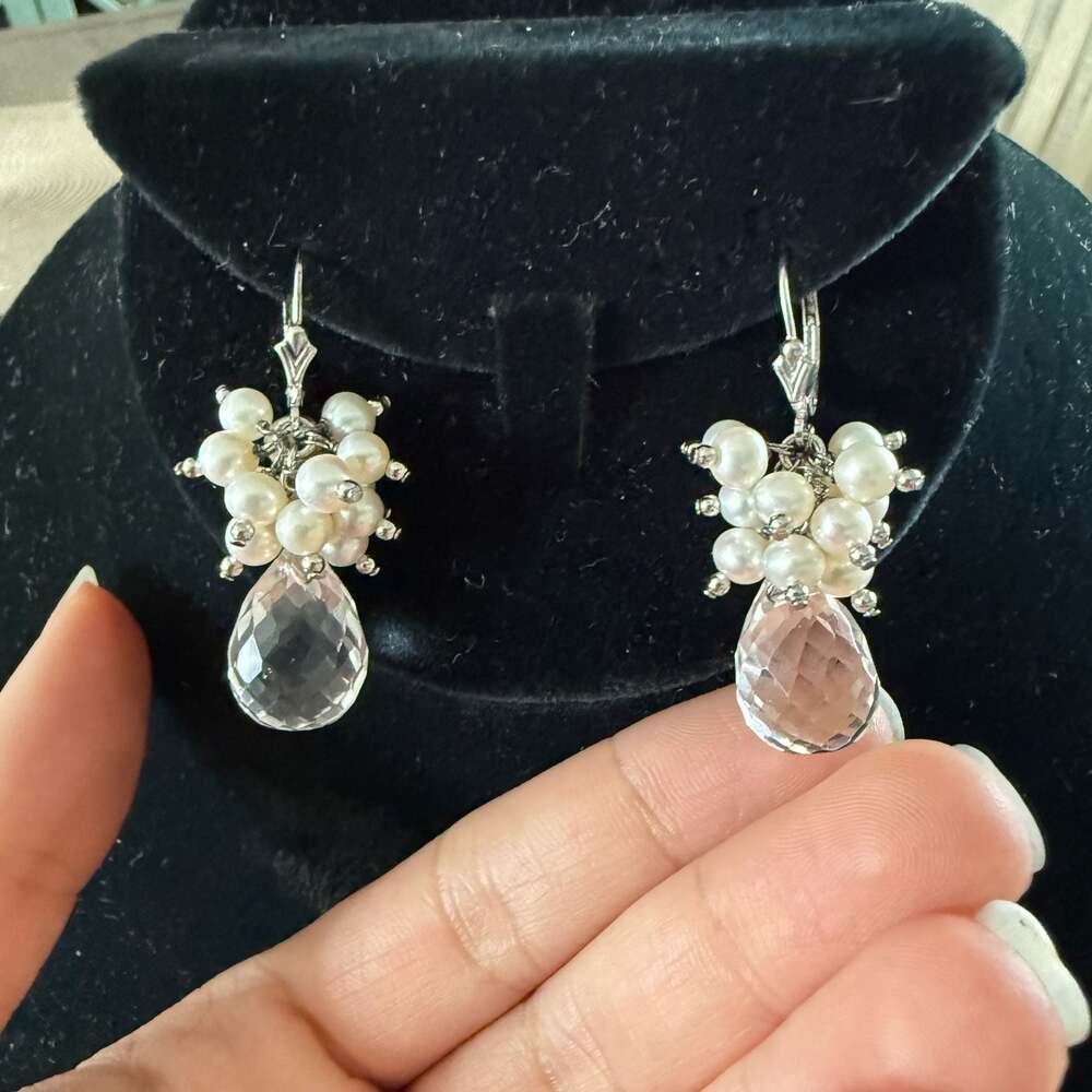 Sterling Silver Faceted Rock Crystal Quartz and Pearl Cluster Drop Earrings - Picture 4 of 6